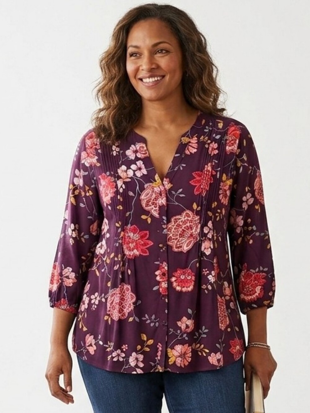 Plum Vibrant Floral Boho 3/4 Sleeve Button-up Top Sz 0X Peasant Cottagecore